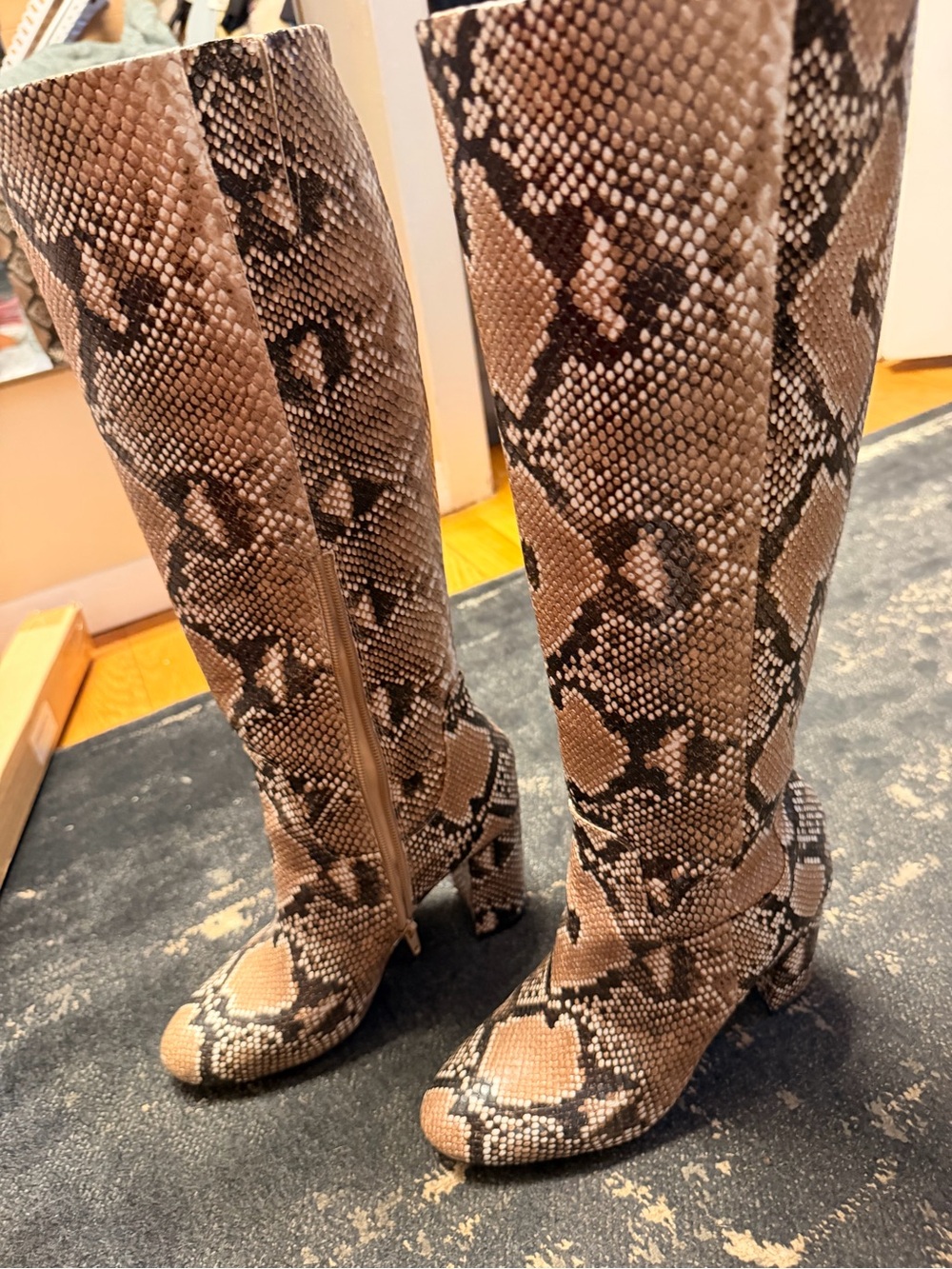 Knee-High Snake-Print Heeled Boots in Brown